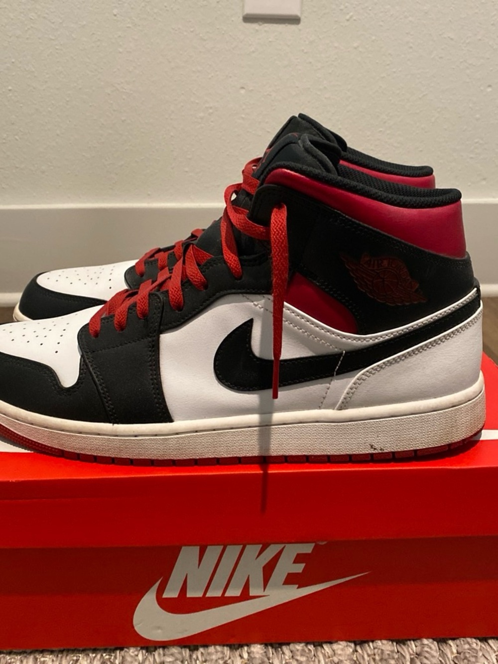 Nike Air Jordan 1 Mid Men’s Sneakers - Black/White/Red - Picture 3 of 5